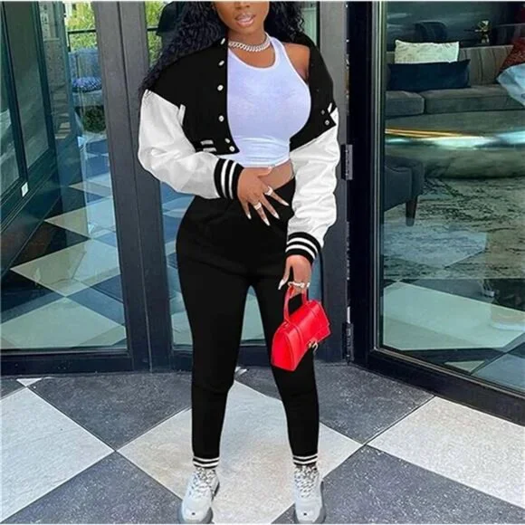 Women Varsity Sweatsuit Button Down 2 Piece Outfit Slim Tracksuit Set - Picture 2 of 6